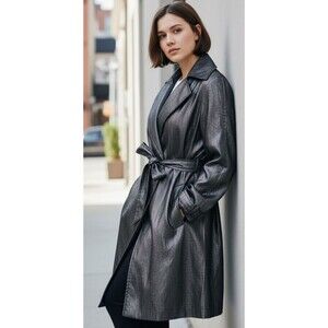 DESIGNER JONES NEW YORK SILVER, BLACK BELTED KNEE LENGTH TRENCH COAT XXLARGE